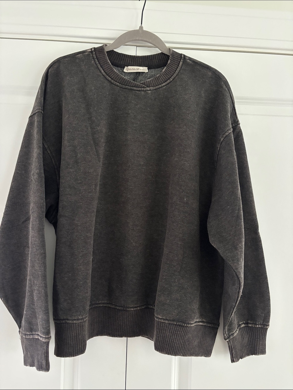 Zenana Vintage-Inspired Washed Black Crewneck Sweater S/M